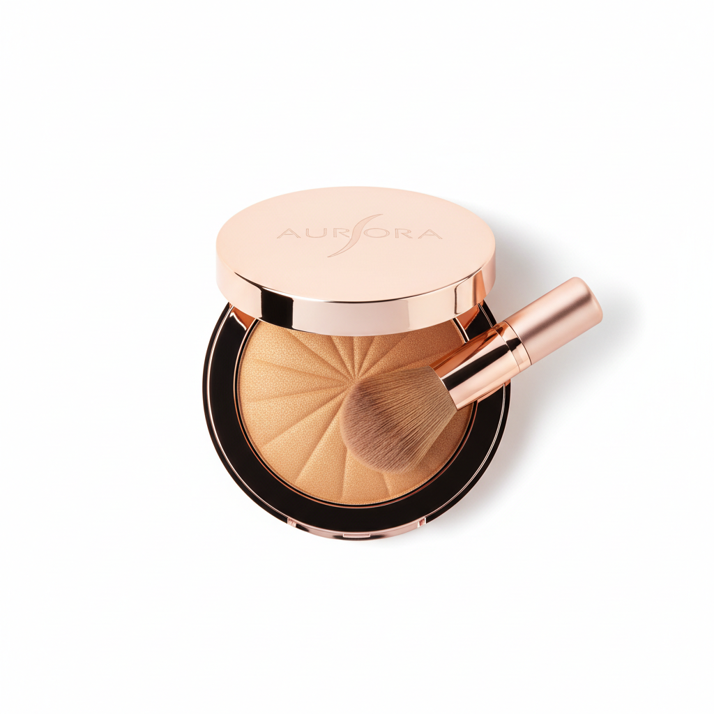 Premium bronzer compact with warm golden-brown powder